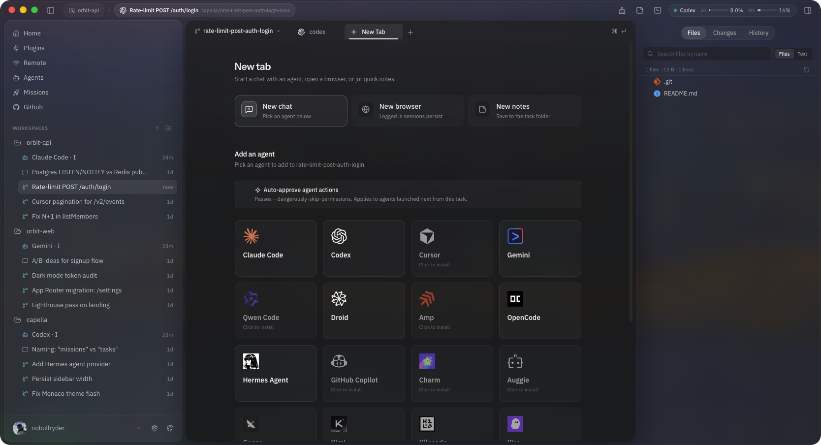 Capella new tab picker showing every supported agent