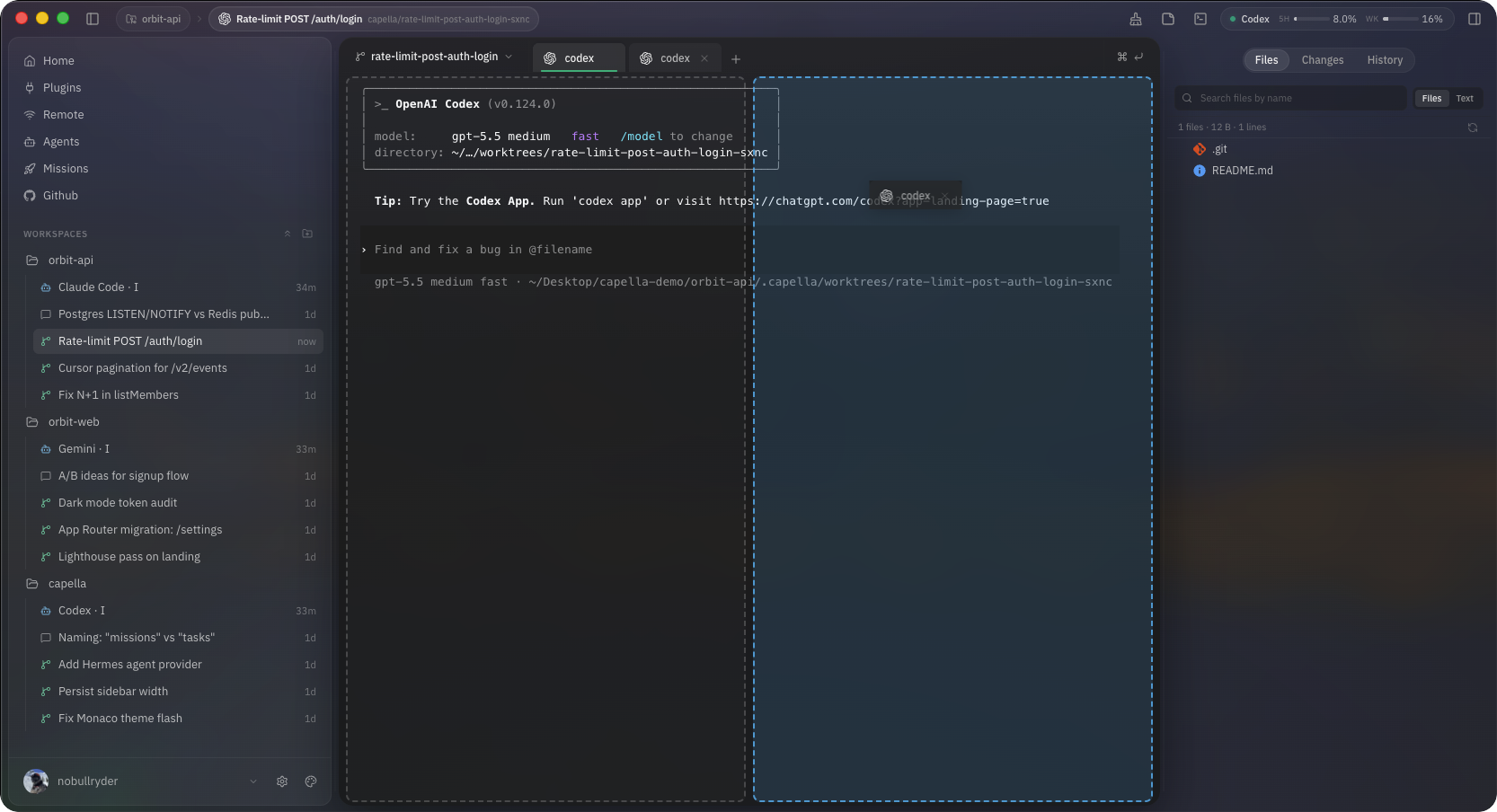 Capella split-screen showing two agents working in parallel